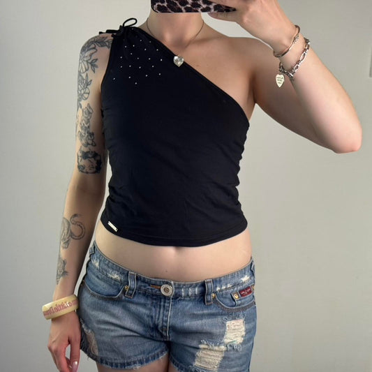 Y2K vintage ELLE one shoulder tank top rhinestone ruched bow black