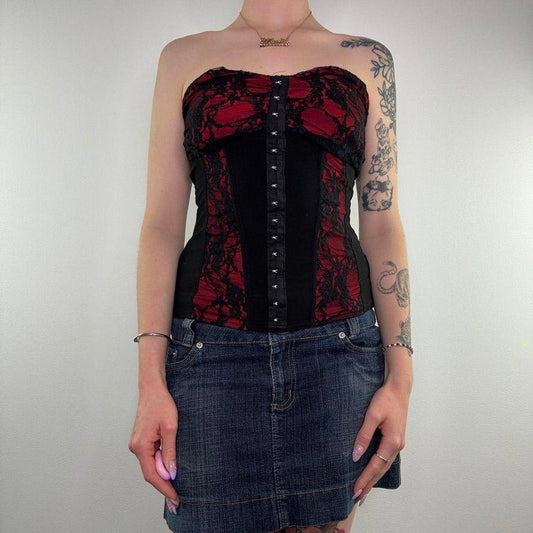 Y2K vintage strapless hook and eye style lace top stretchy red black bandeau