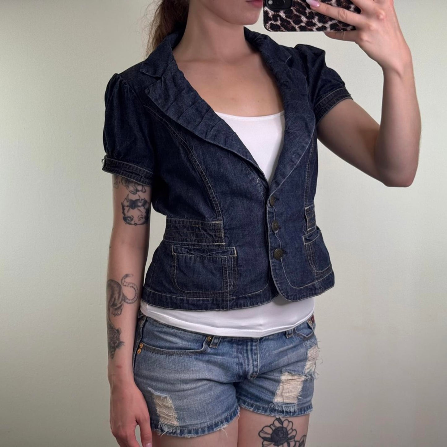 Y2K vintage denim short sleeve blazer jacket button up deep v neck