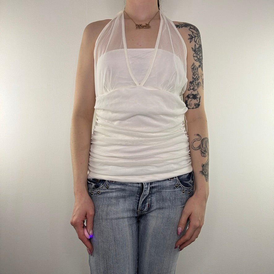 Y2K vintage halter neck top mesh ruched rave clubbing