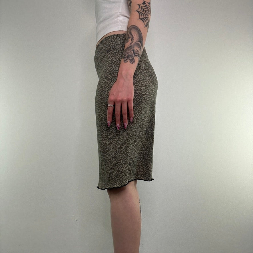 Y2K vintage mesh leopard print midi skirt