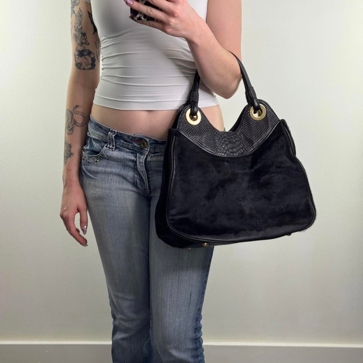 Y2K vintage genuine pony fur leather shoulder bag handbag croc print black gold