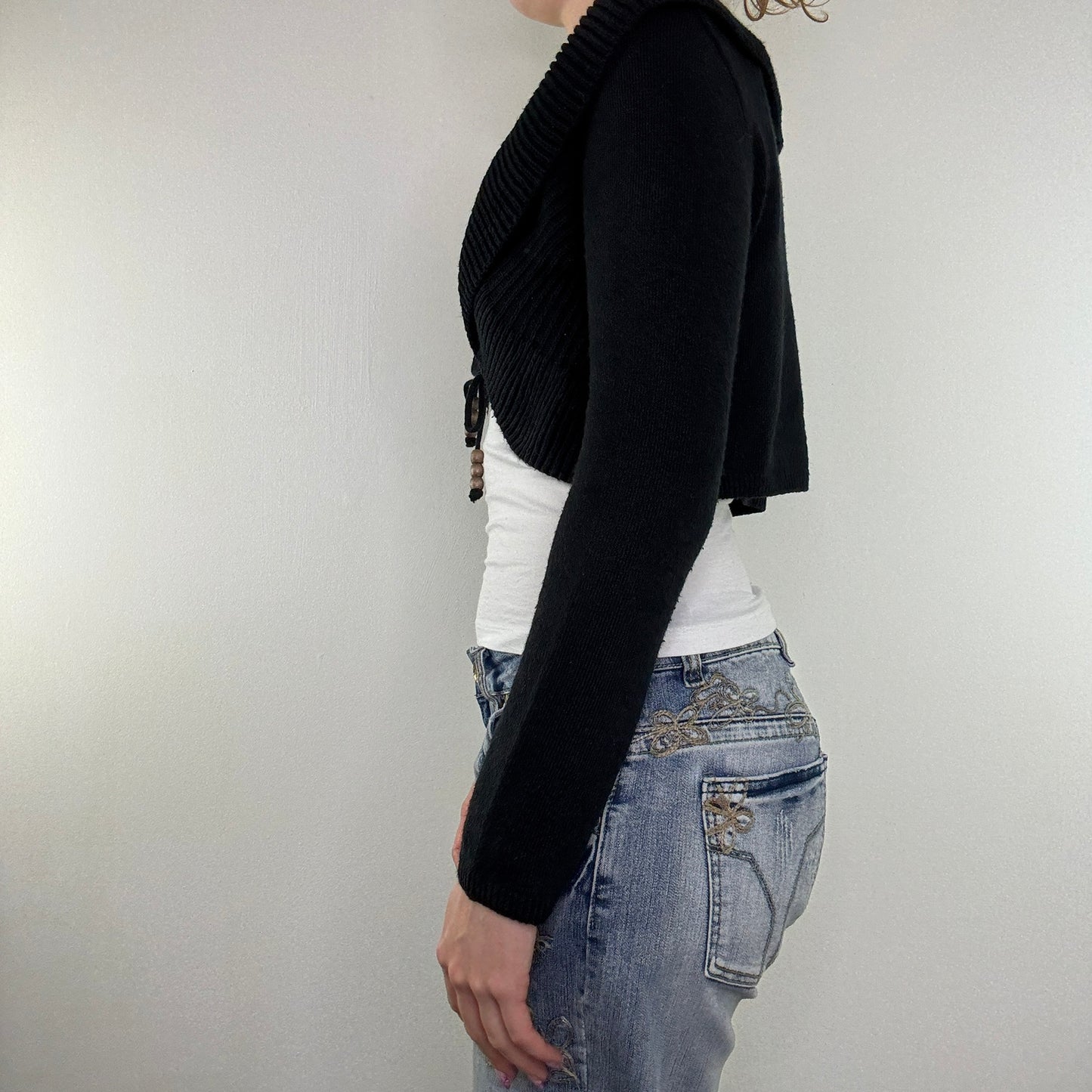 Y2K vintage cropped cardigan knit collared beaded long sleeve tie front bow