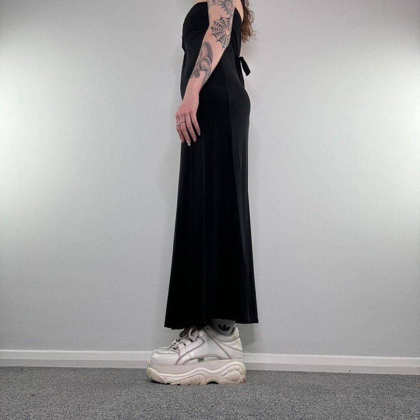 Y2K vintage slinky strapless ruched bust summer maxi dress stretchy tie back bow