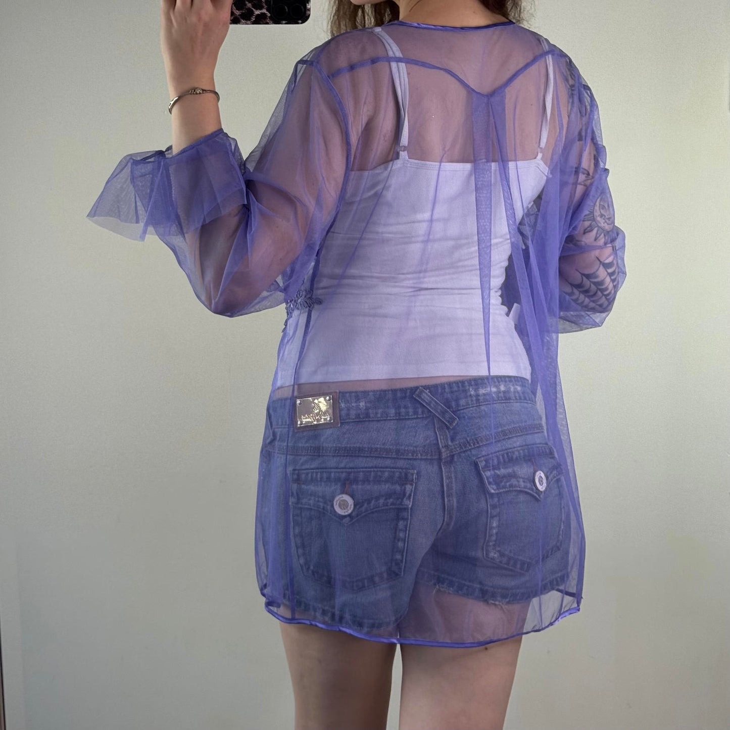 Y2K vintage lilac mesh cardigan floral embroidery sequin v neck frill sleeve