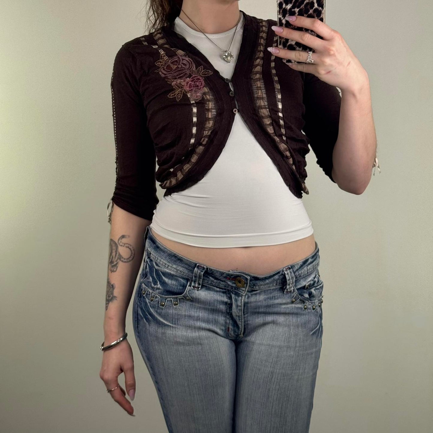 Y2K vintage Karen Millen cropped cardigan 3/4 sleeve ribbon floral embroidered