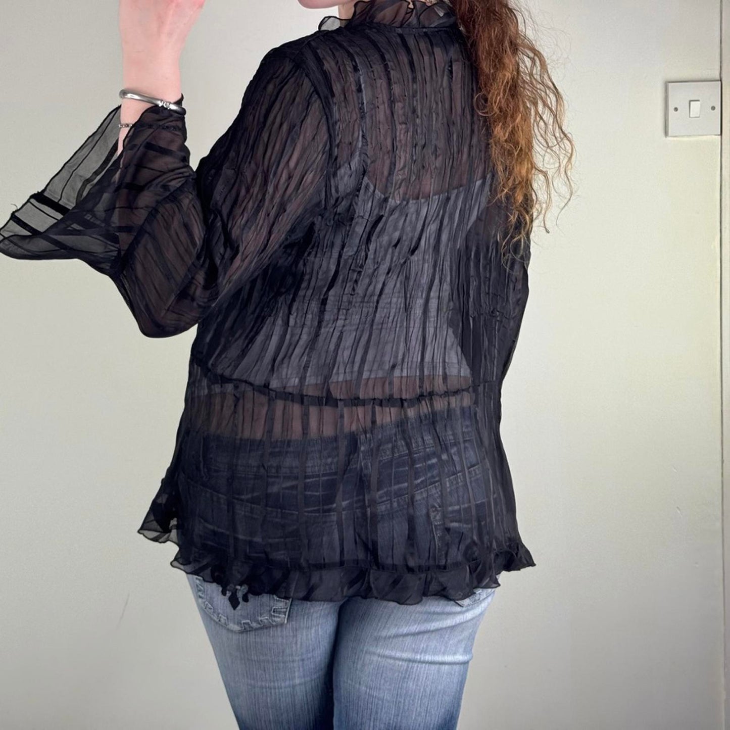 Y2K vintage sheer blouse tie bow front flare sleeve v neck frilly pleated black
