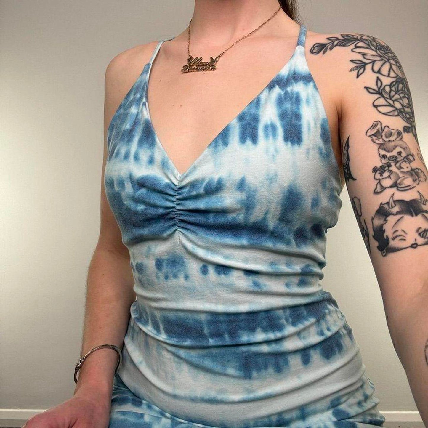 Y2K vintage ombre mini dress summer tie dye stretchy above knee racerback ruched
