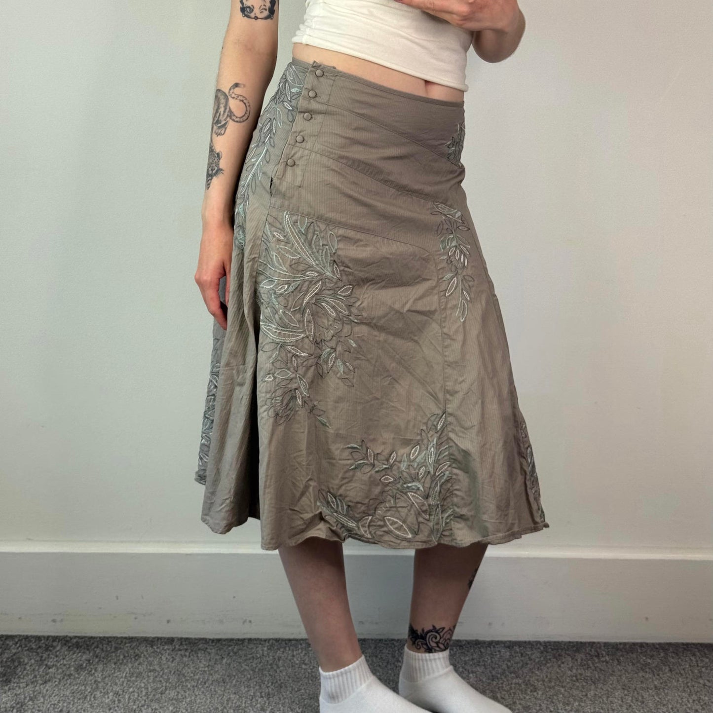 Y2K vintage stripe floral embroidered midi skirt a line button up 100% cotton