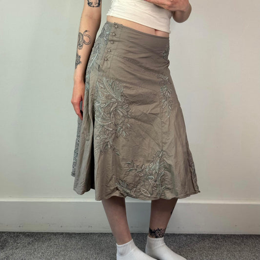 Y2K vintage stripe floral embroidered midi skirt a line button up 100% cotton