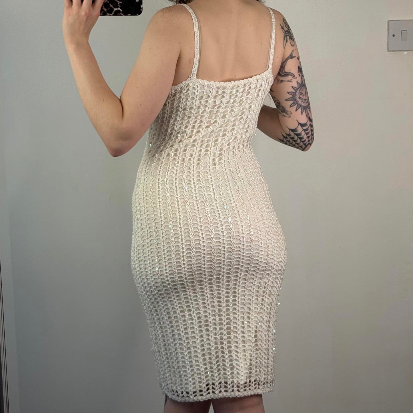 Y2K vintage sequin crochet midi dress v neck strappy knee length summer holiday