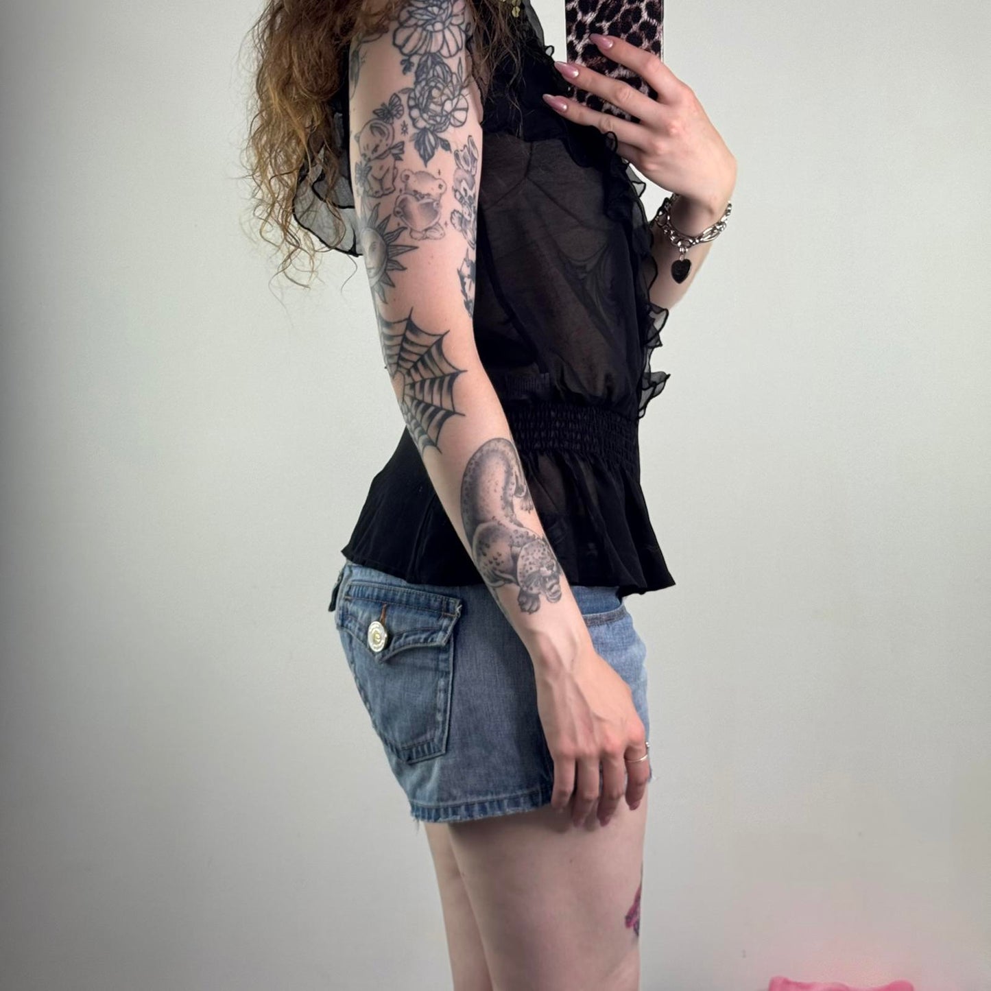 Y2K vintage sheer sequin top frill gold embellished open back bow black party