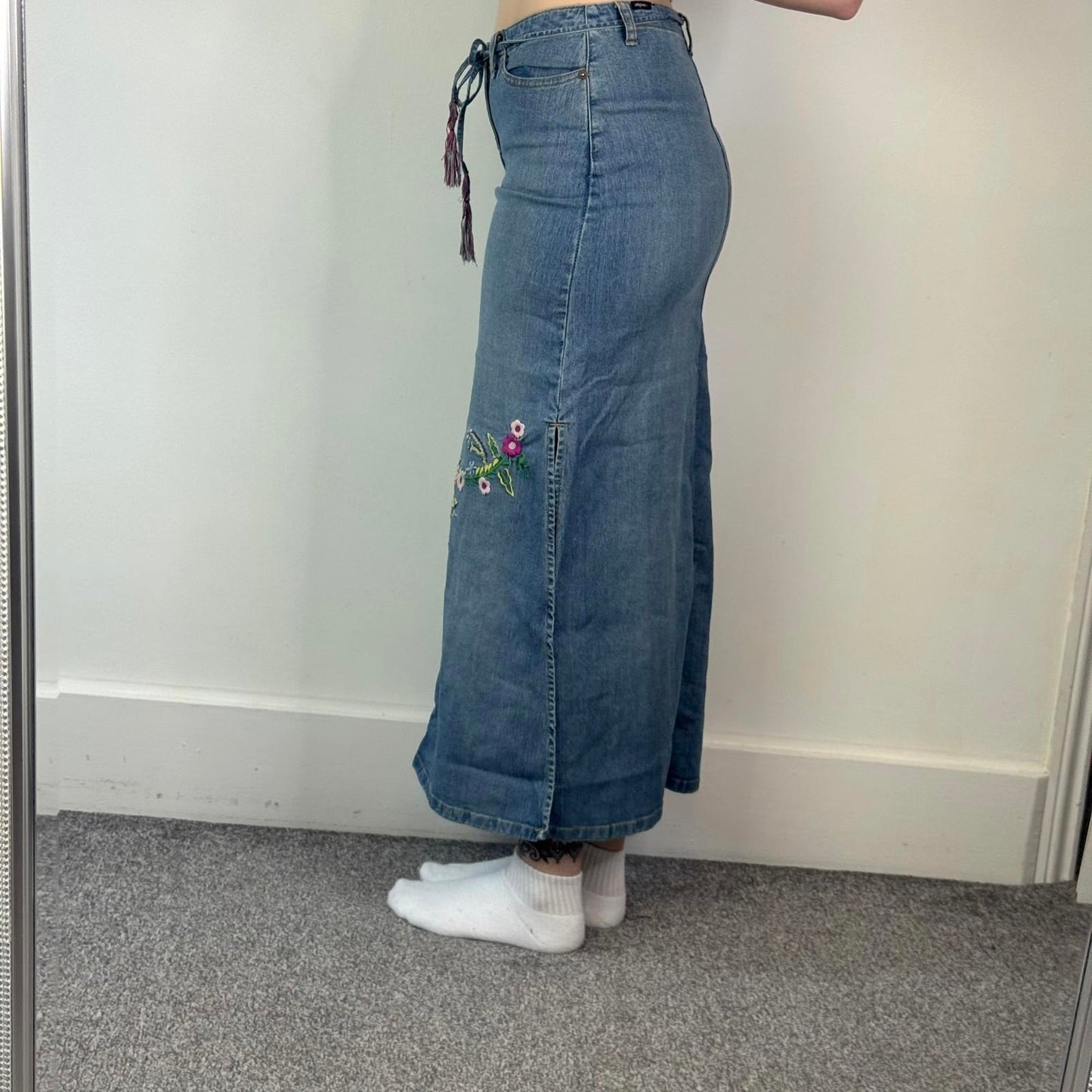 90s Y2K vintage floral embroidery denim maxi skirt thigh split belt light blue