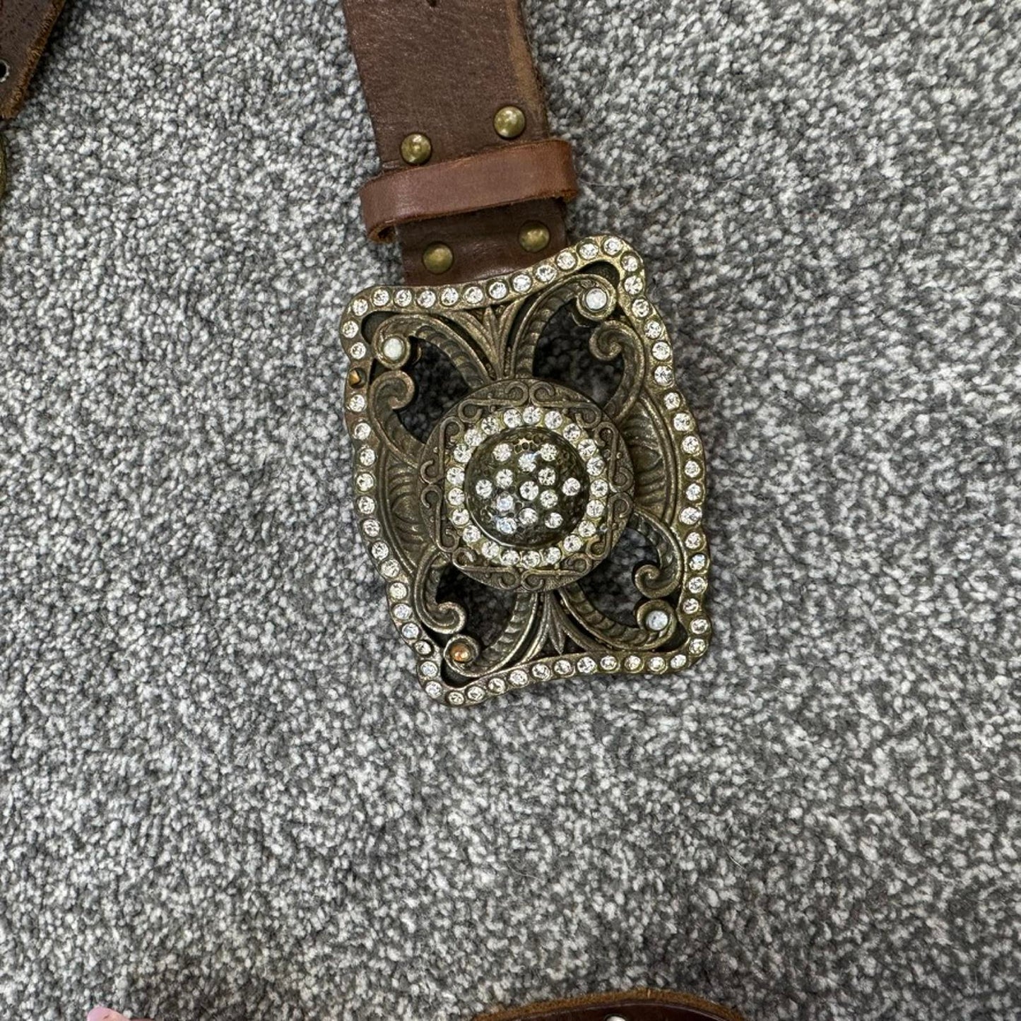 Y2K vintage genuine leather big buckle rhinestone belt brown o ring western