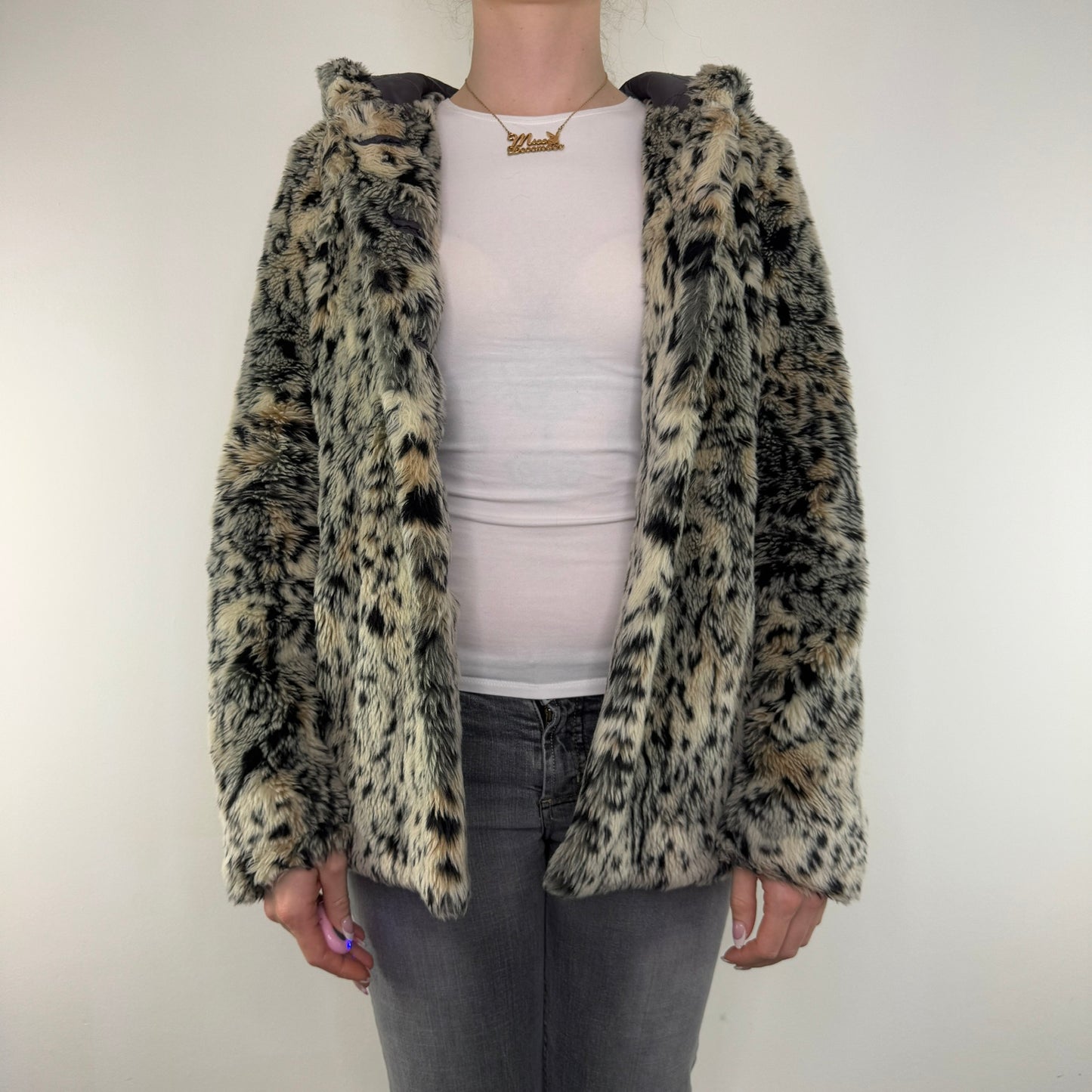 Y2K vintage faux fur coat leopard print button up hood oversized jacket