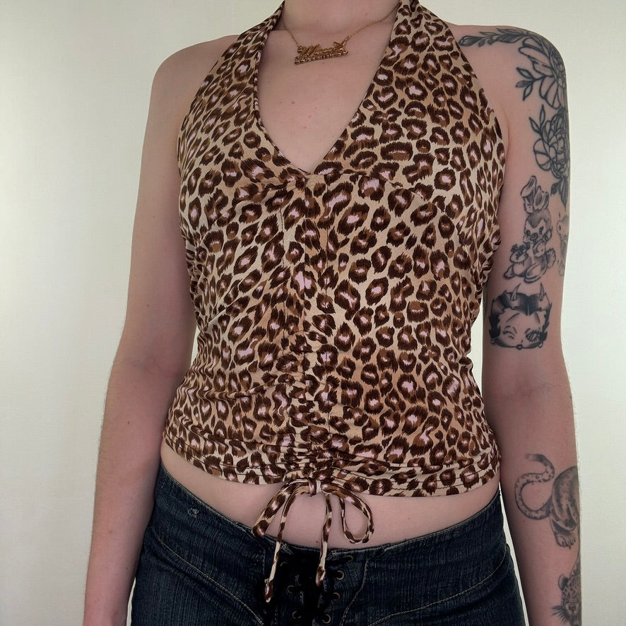 Y2K vintage leopard print halter neck ruched top
