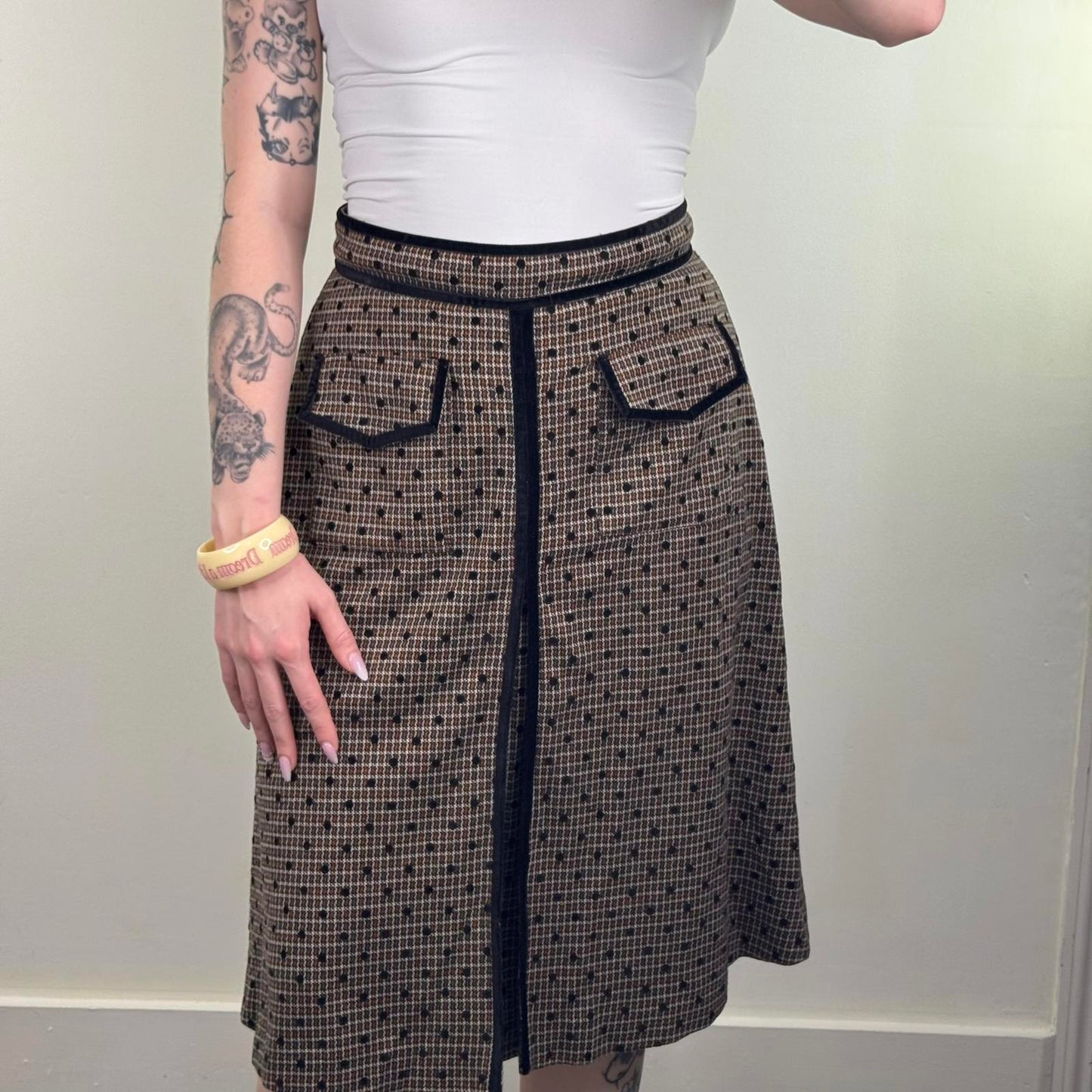 Y2K vintage polka dot midi skirt a line houndstooth velvet trim flowy circle