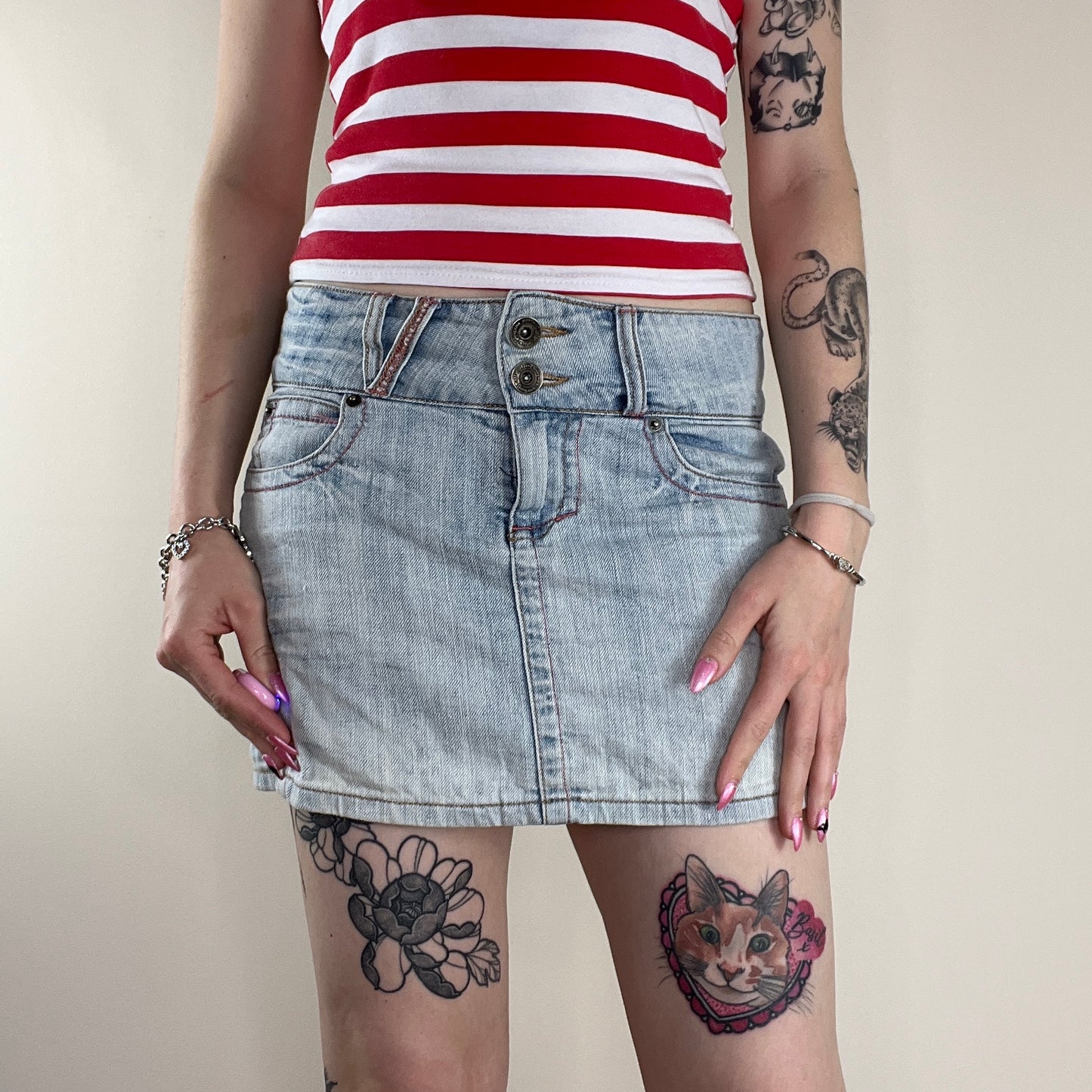 Y2K contrast stitching denim mini skirt