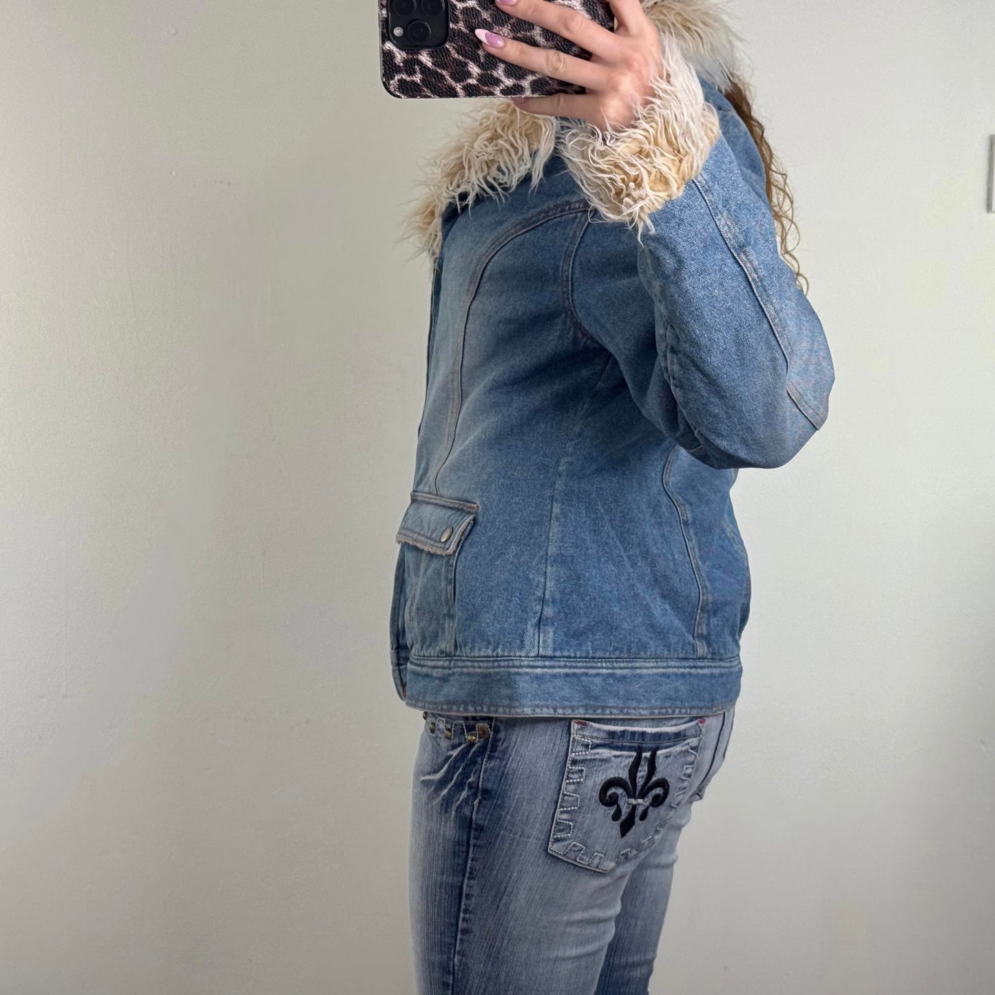 Y2K vintage Tammy denim jacket zip up faux fur trim fleece lined cargo pockets