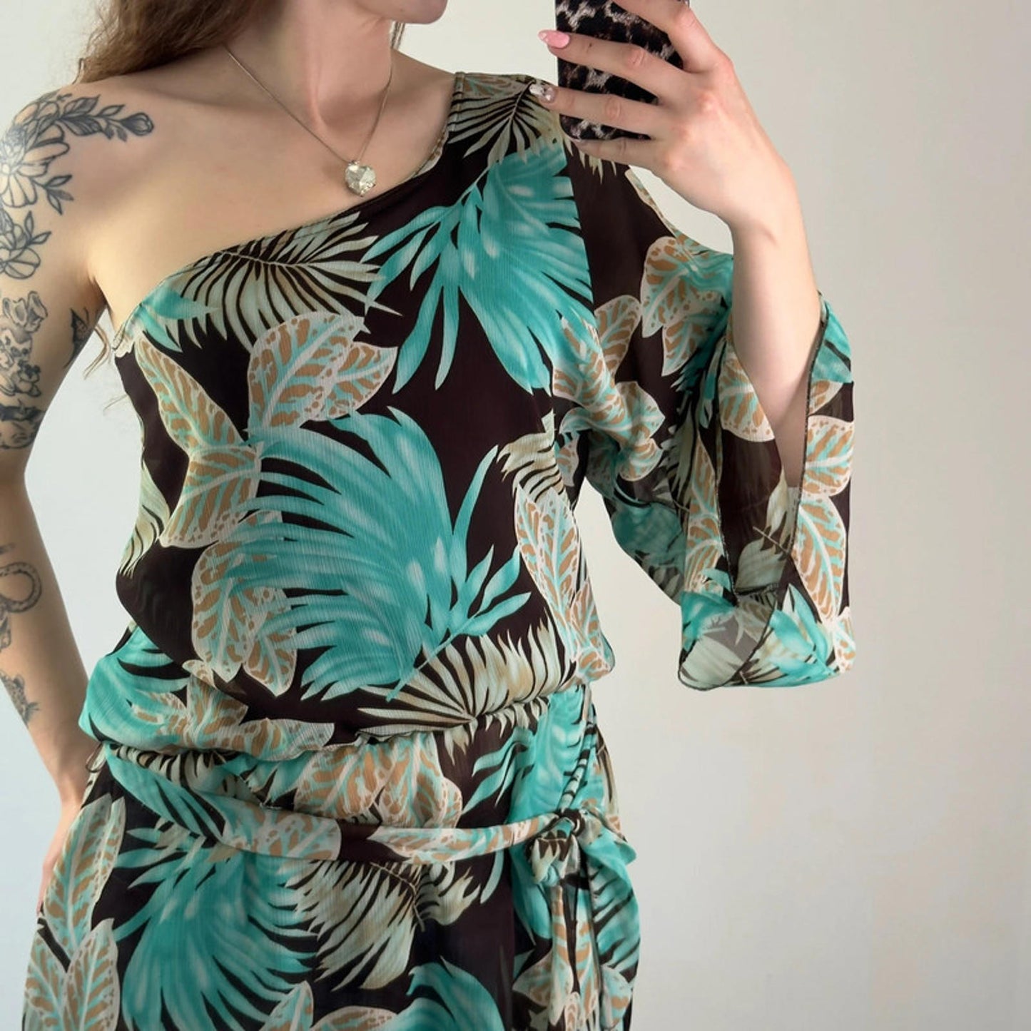 Y2k vintage flowy one shoulder summer long top palm tree summer flare sleeve