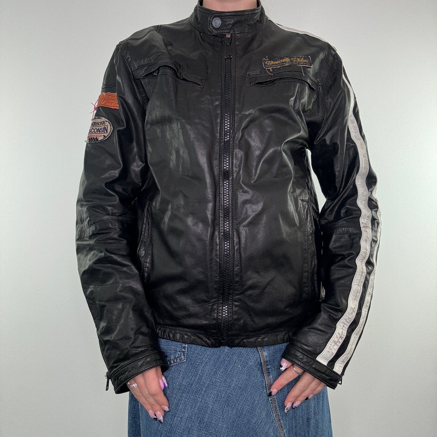 Y2K racing zip up faux leather jacket