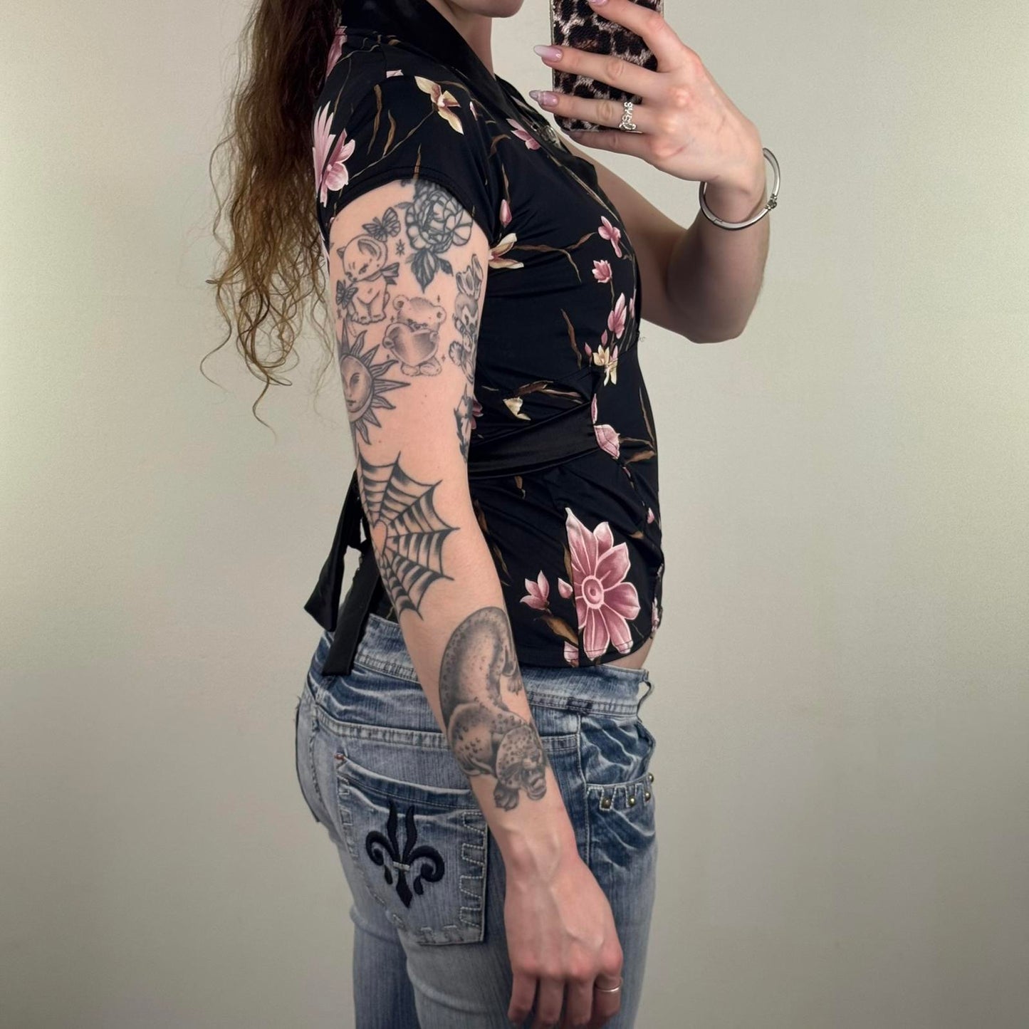 Y2K vintage slinky floral stretchy cap short sleeve top deep v neck tie back bow