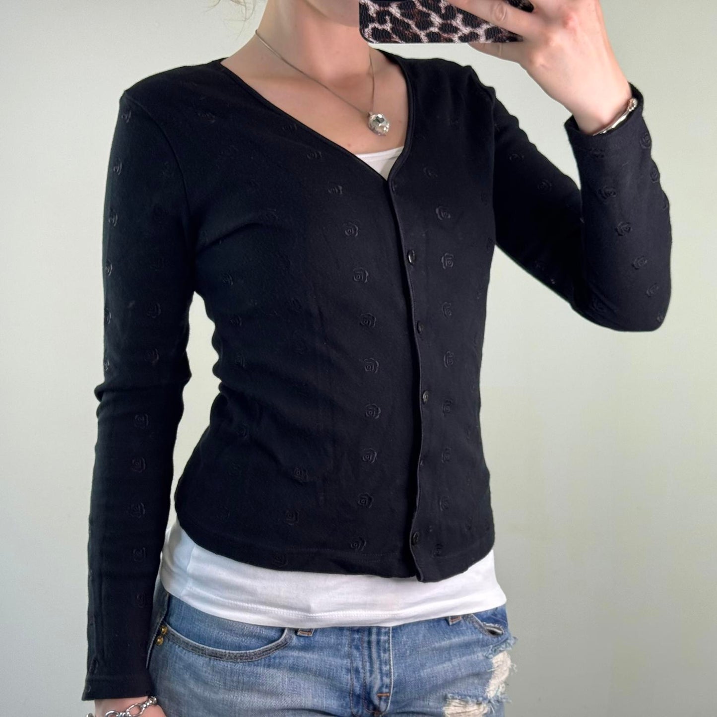 Y2K vintage button up rose embroidery cardigan v neck long sleeve floral black