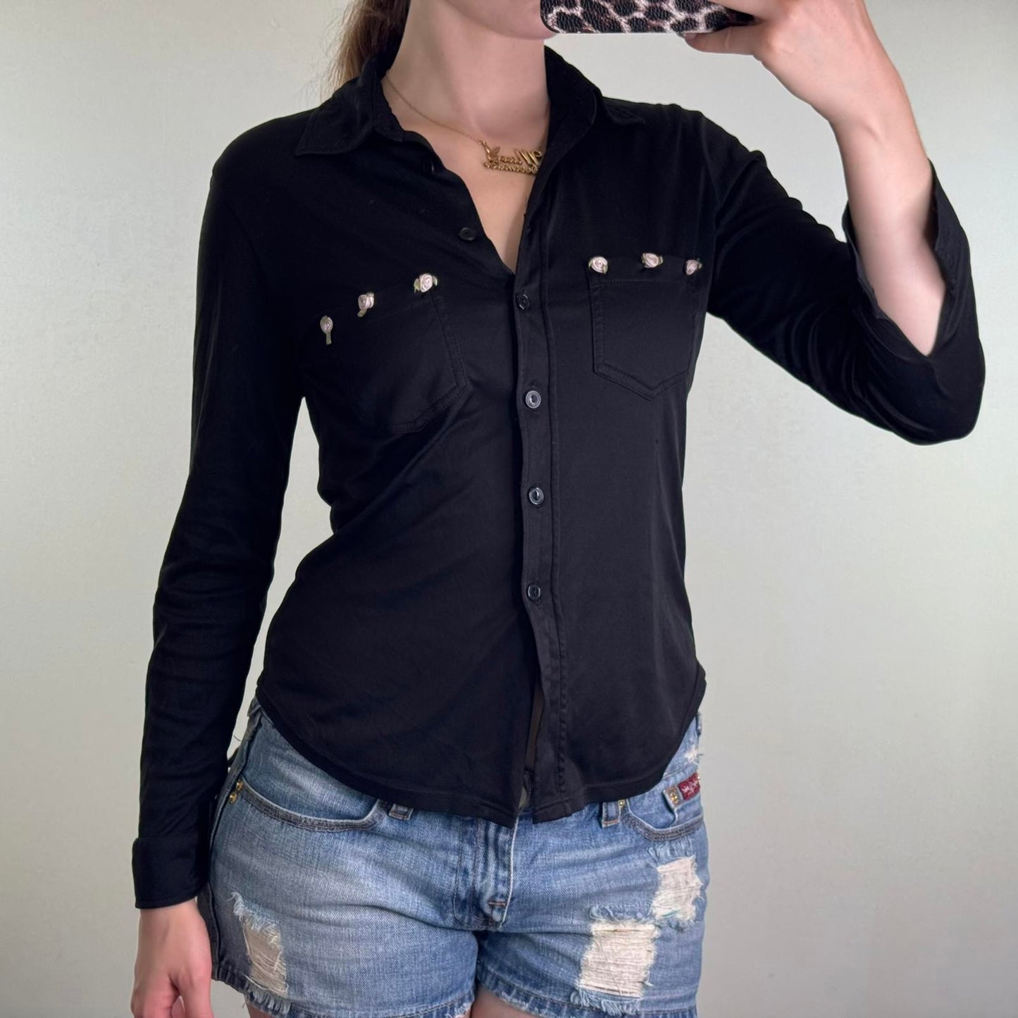 Y2K vintage button up long sleeve top stretchy 3D rose floral pockets curved hem