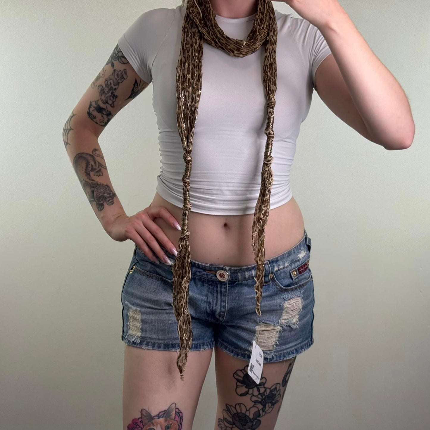 Y2K vintage leopard print skinny glitter scarf metal rings thing sparkly