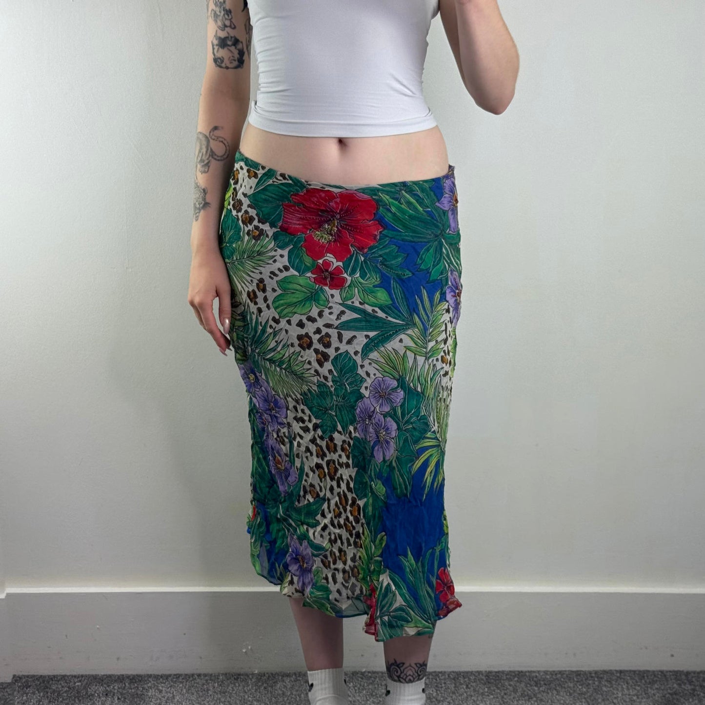 Y2K vintage low rise midi skirt beaded leopard print floral palm tree hibiscus
