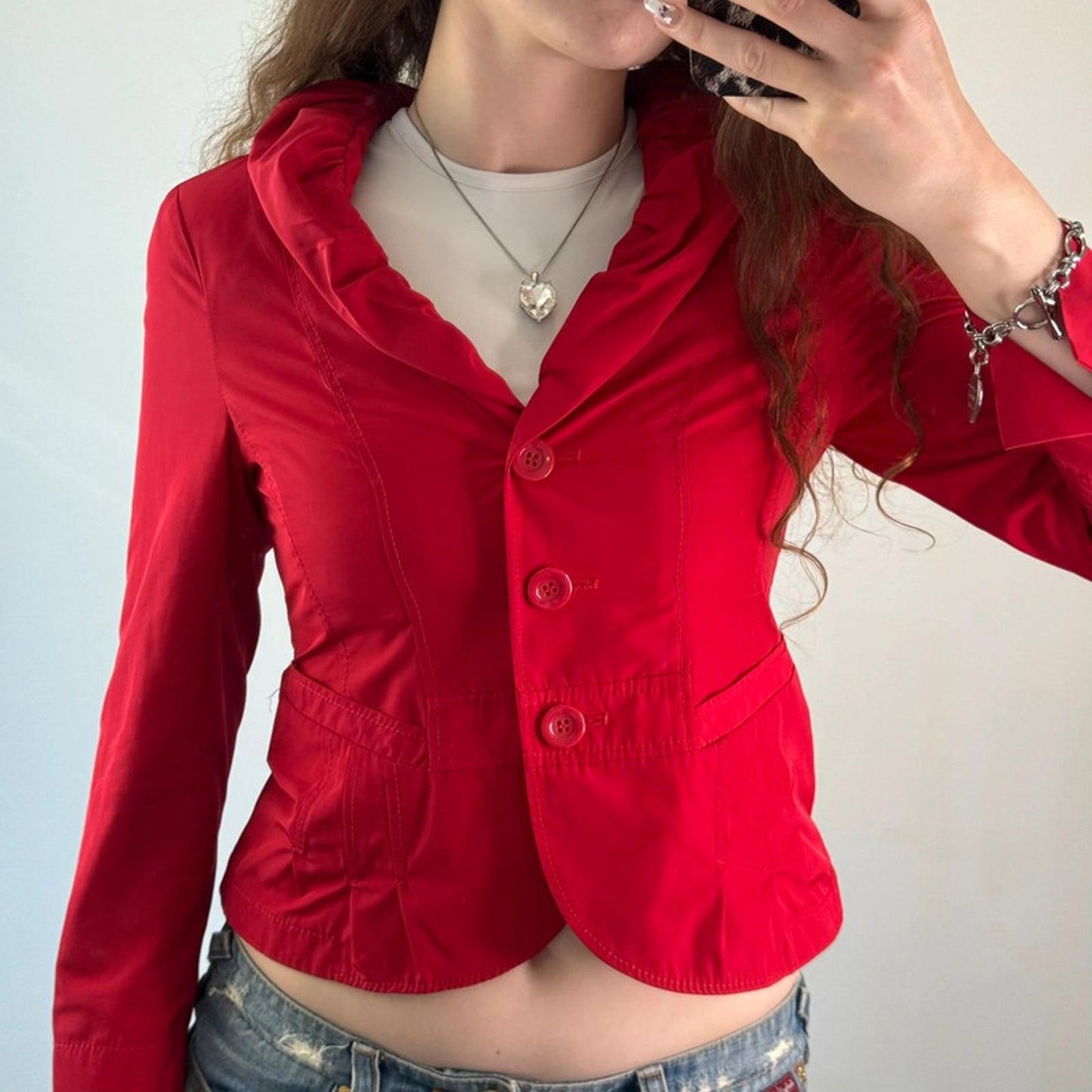 Y2K vintage stretchy fitted puff collar button up blazer jacket tailored cute