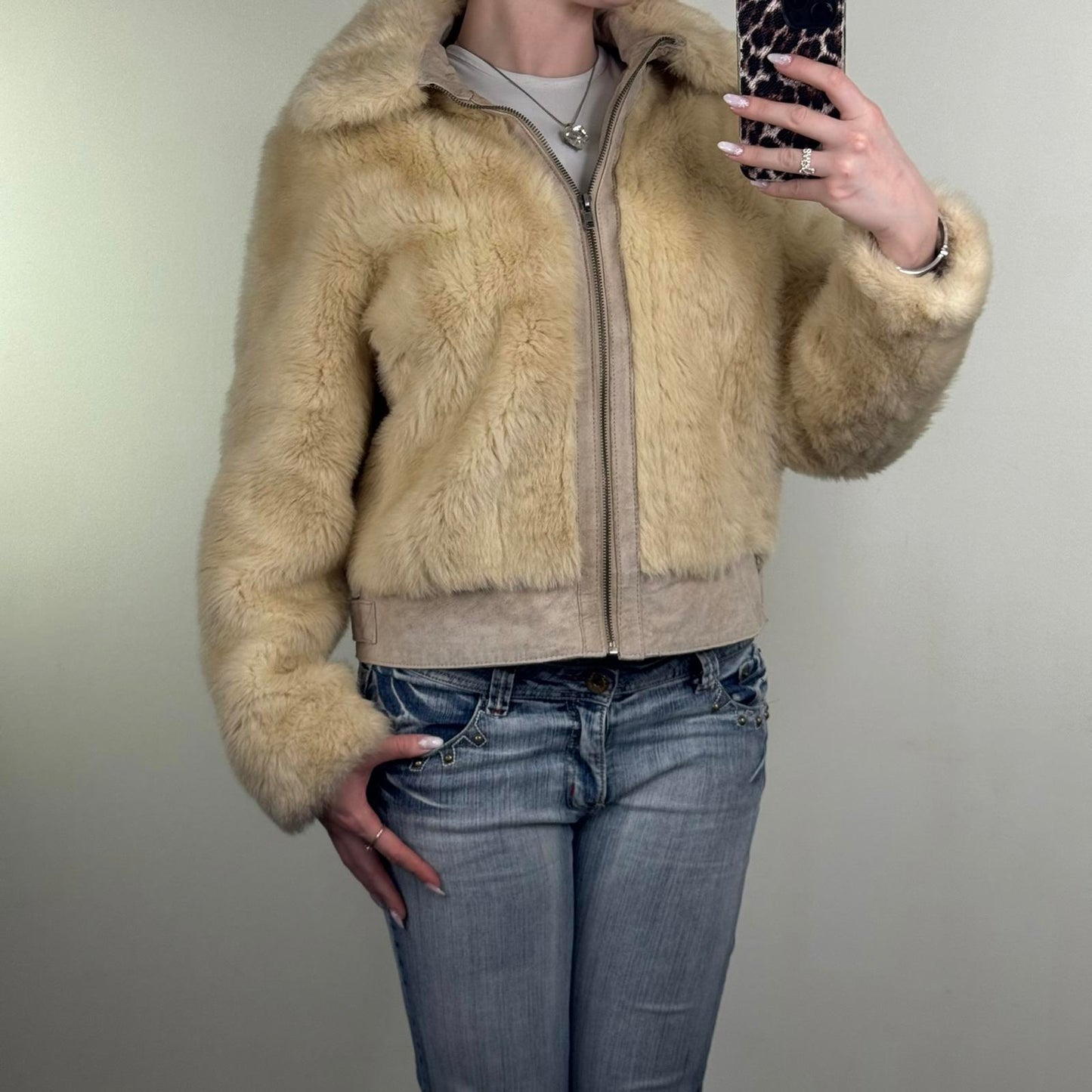 Y2K vintage faux fur zip up coat genuine suede trim collar beige fluffy