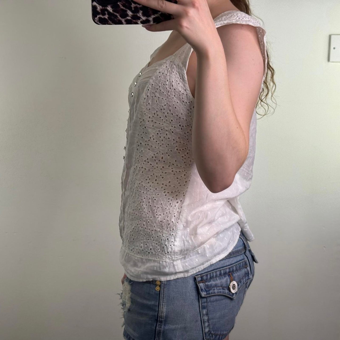 Y2K vintage button up blouse broderie anglaise rhinestone stripe polka dot sheer