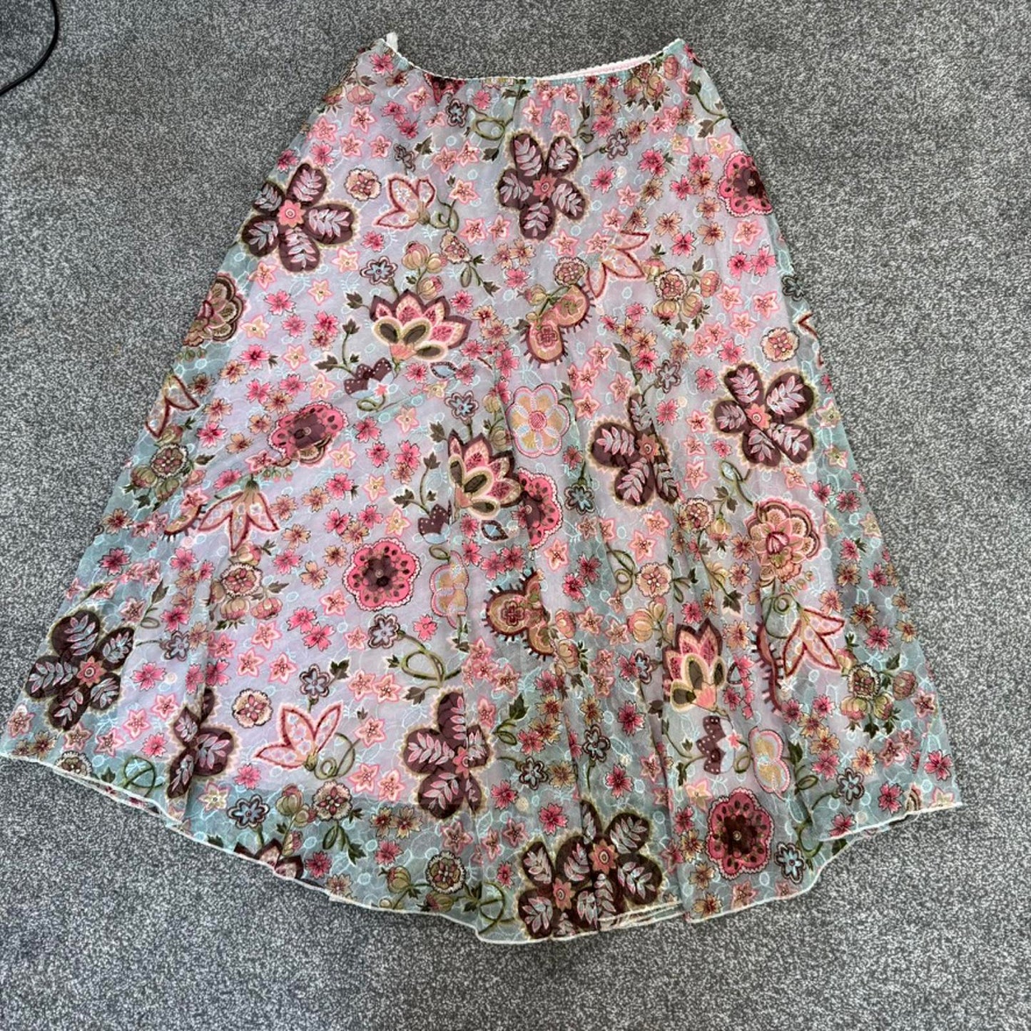 Y2K vintage floral mesh overlay maxi skirt a line lace pink blue beige stretchy