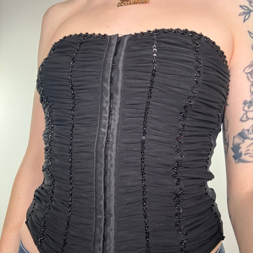 Y2K mesh hook and eye ruched beaded strapless top