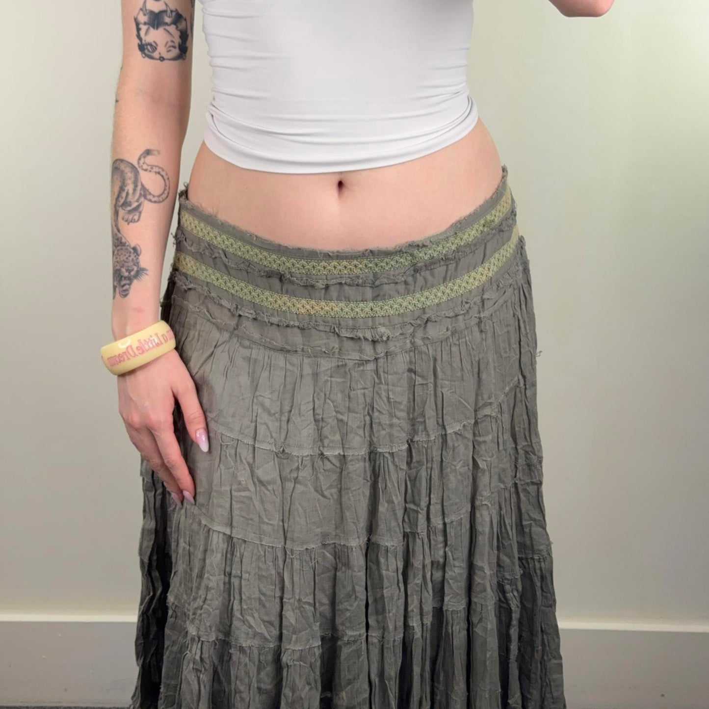 Y2K vintage River Island midi skirt a line tiered sequin embellished trim boho