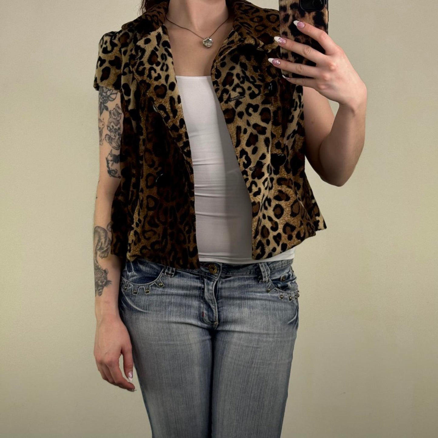 Y2K vintage leopard print pea coat jacket short sleeve high neck short length