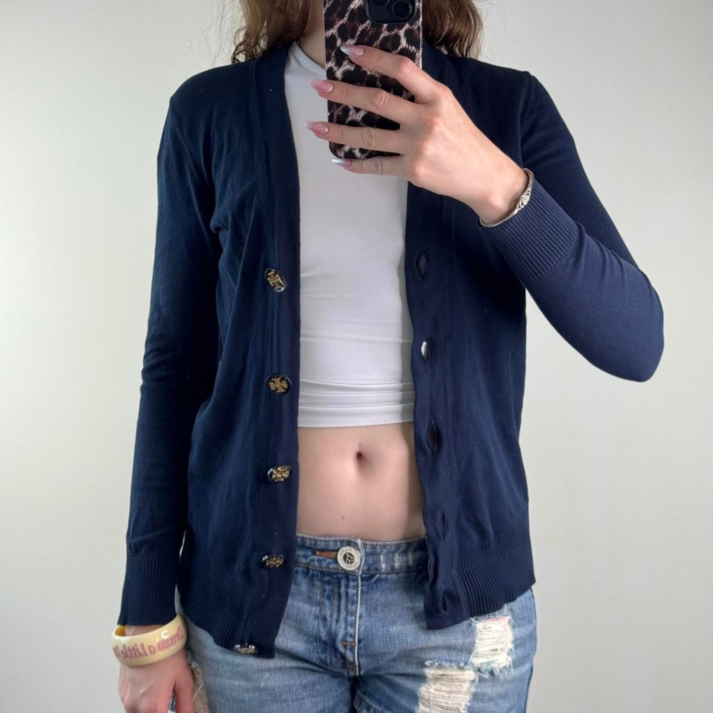 Tory Burch button up cardigan cotton navy v neck long sleeve fine knit