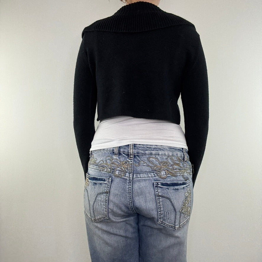 Y2K vintage cropped cardigan knit collared beaded long sleeve tie front bow