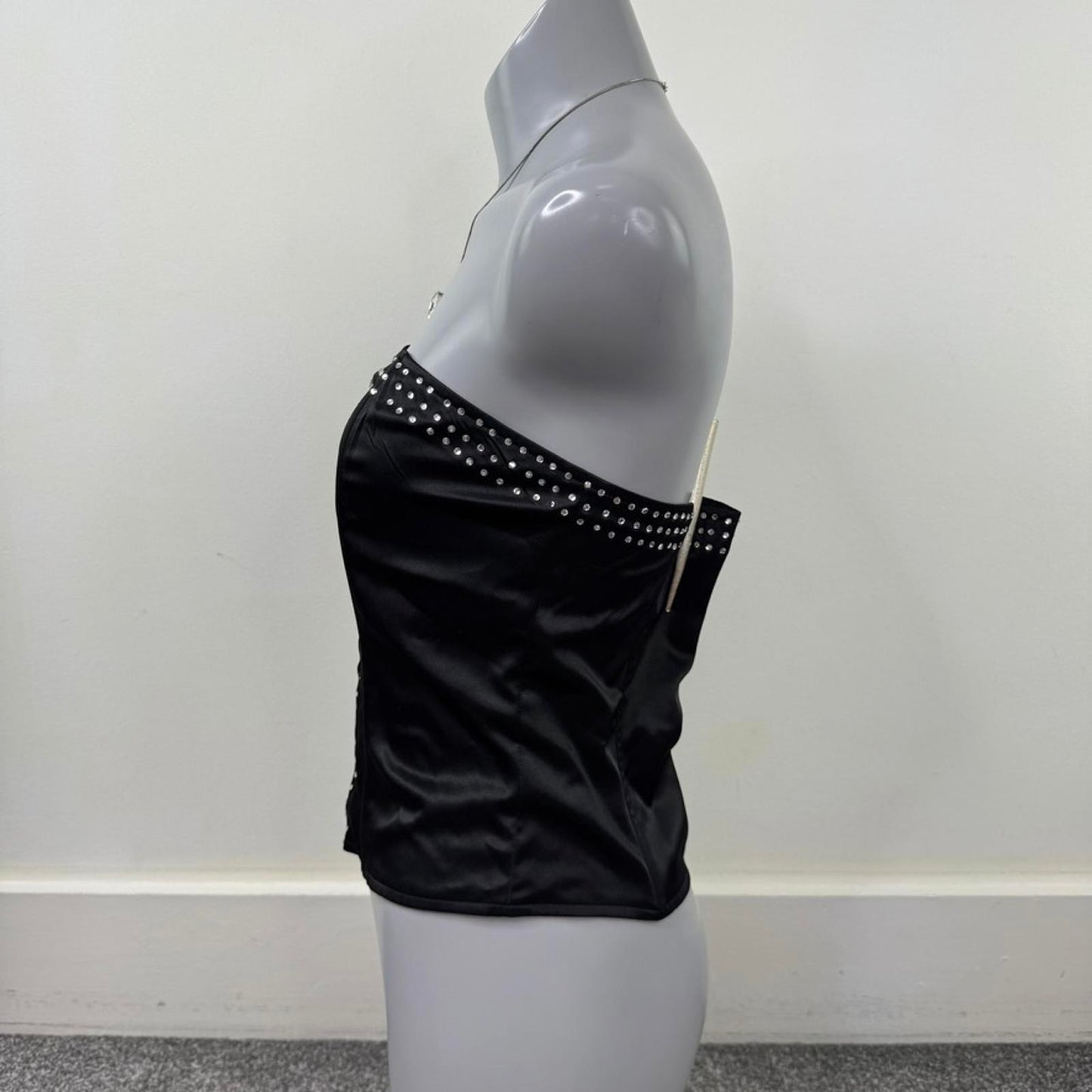Y2K vintage strapless boned top bustier satin rhinestone hook and eye black