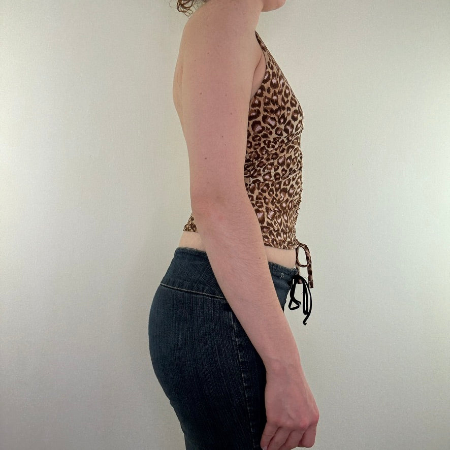 Y2K vintage leopard print halter neck ruched top