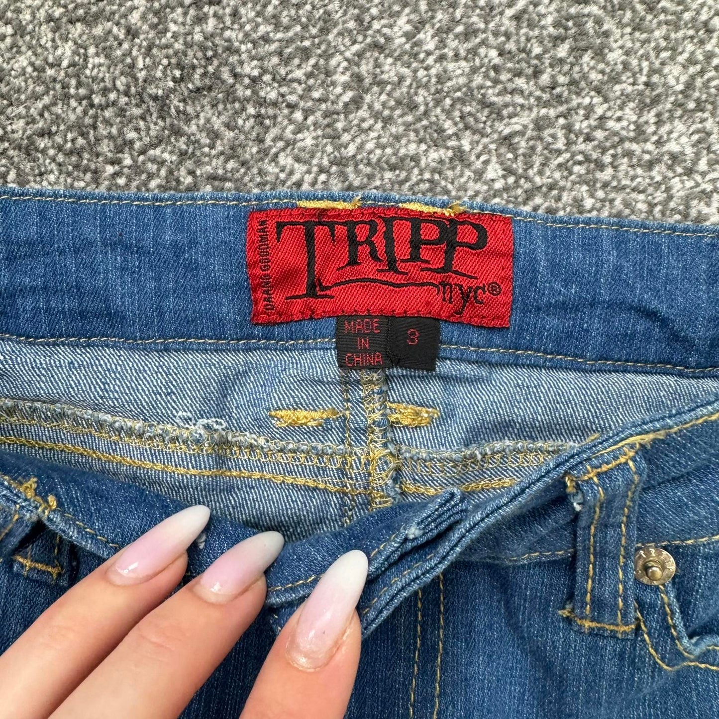 Tripp NYC low rise denim mini shorts studded zipper blue wash stretchy micro