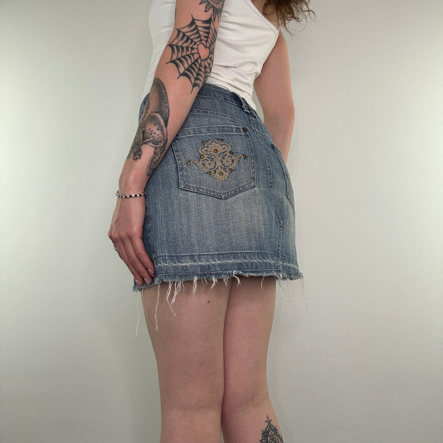 Y2K vintage studded embroidery faded denim low rise mini skirt