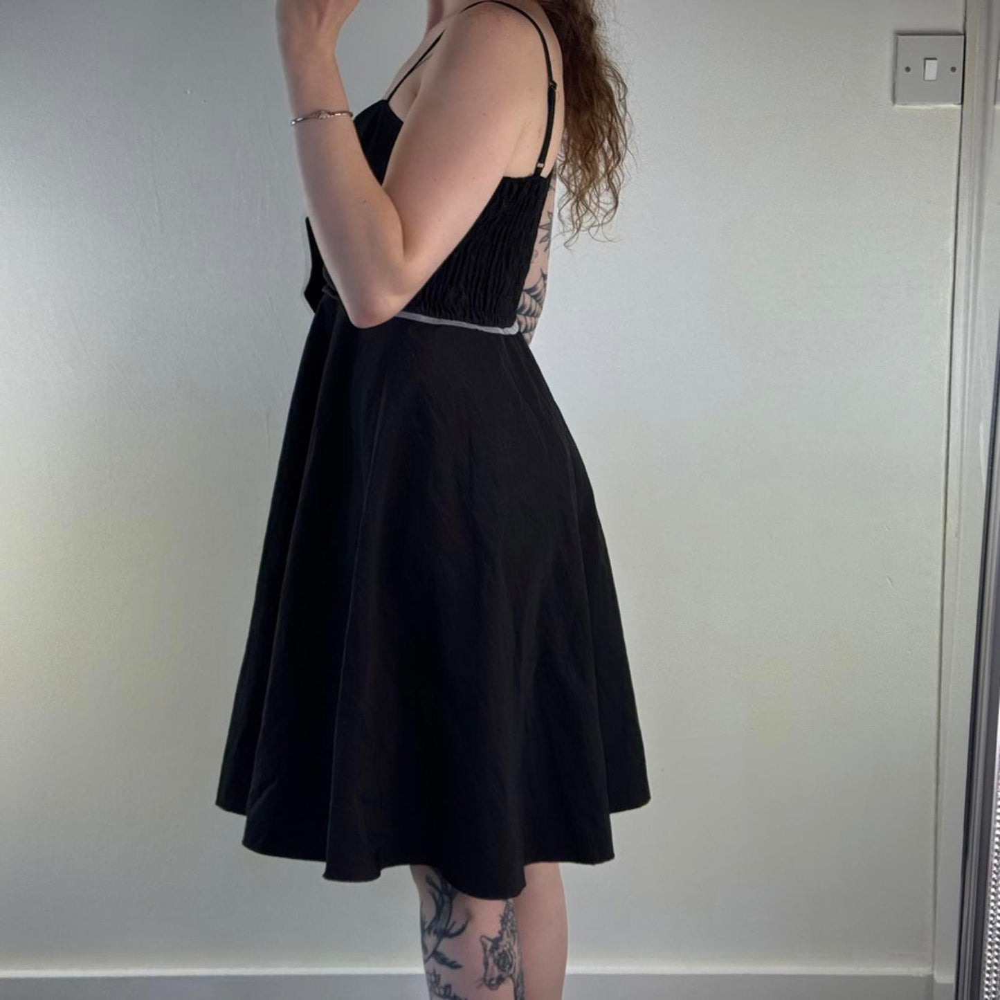 Y2K vintage a line midi dress oversized bow strappy ruched bust black white