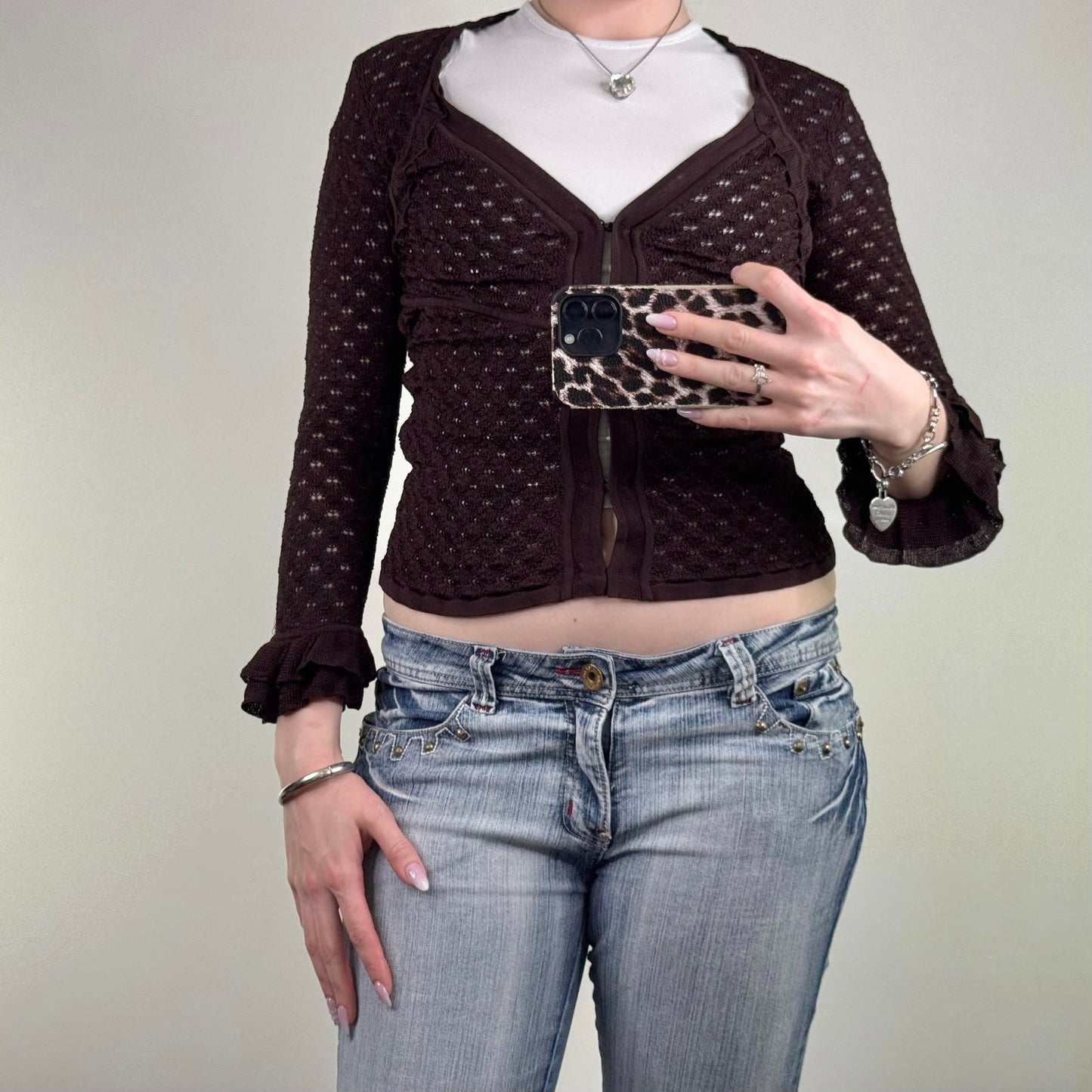 Y2K vintage Karen Millen fine knit cardigan 3/4 sleeve hook and eye frill fitted