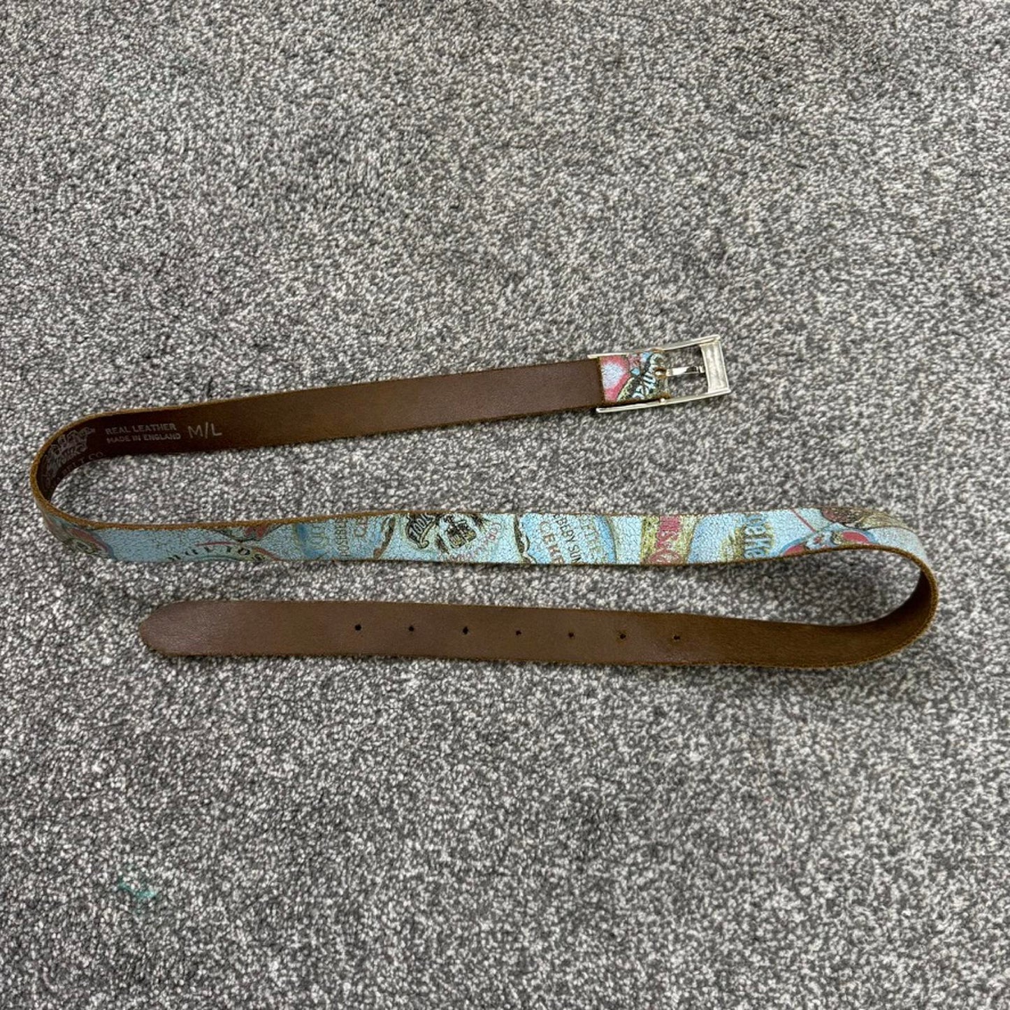 Y2K vintage skinny genuine leather belt graphic print rectangle buckle baby blue