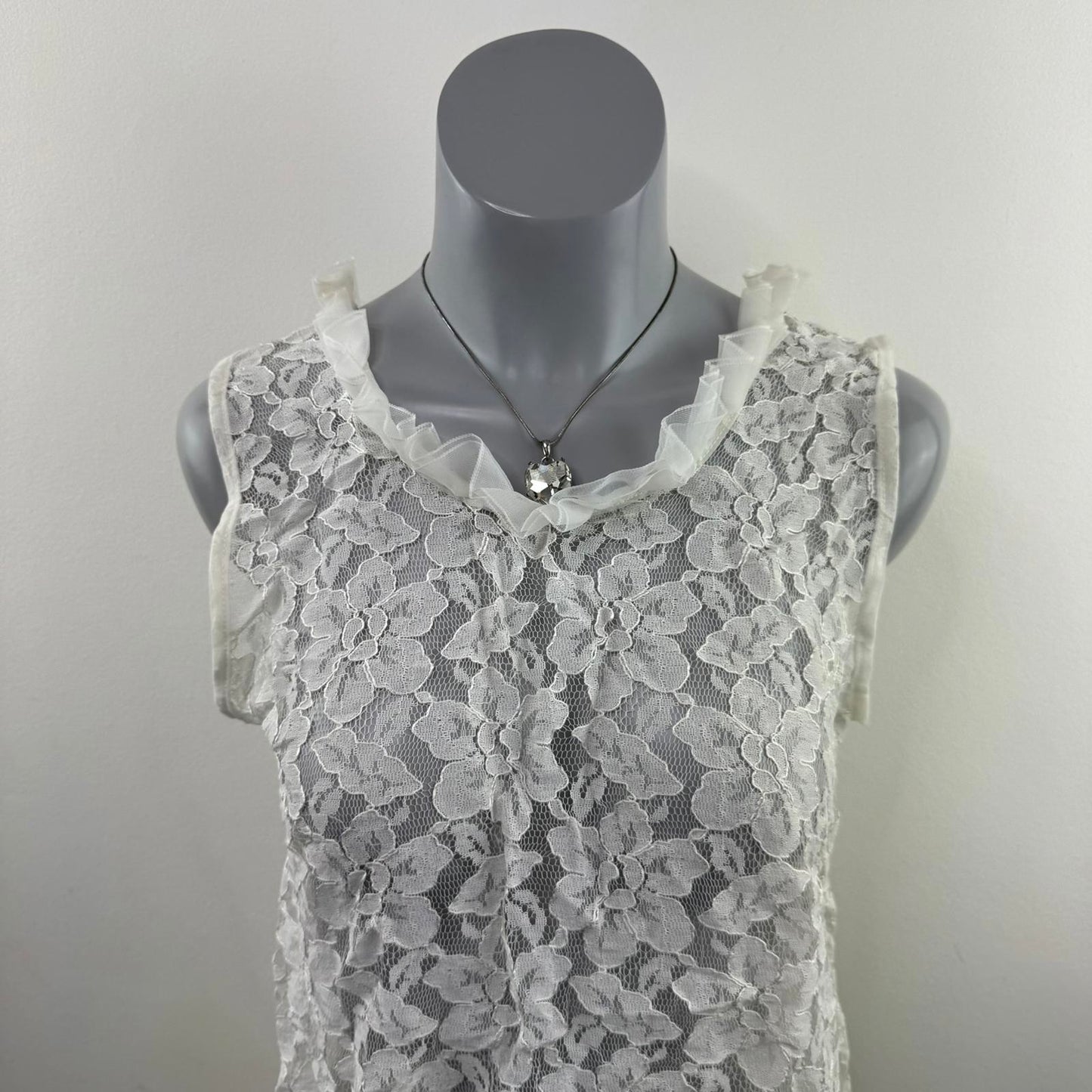True vintage lace sheer long blouse sleeveless ruffle hem floral white coquette