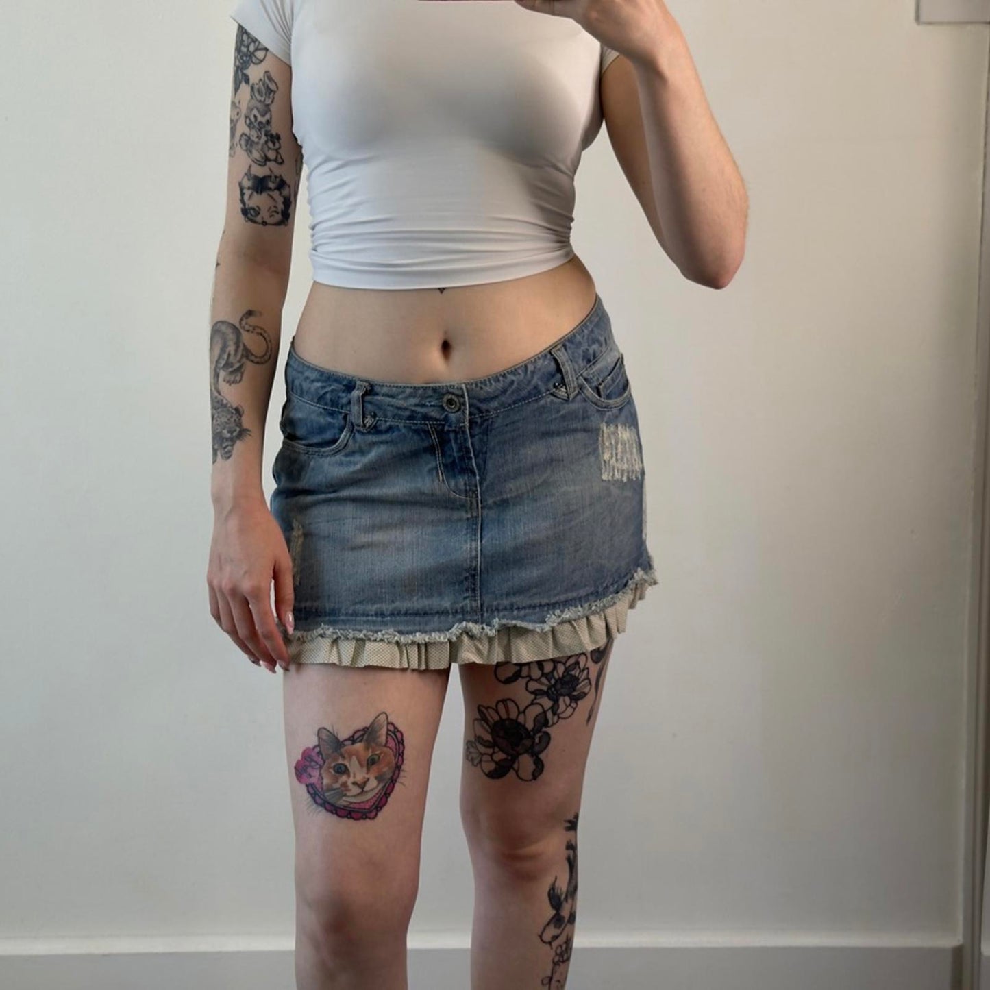 Y2K vintage polka dot hem distressed denim mini skirt coquette summer mid rise