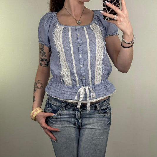 Y2K vintage pinstripe short sleeve blouse shirt bow lace buttons ruffle coquette