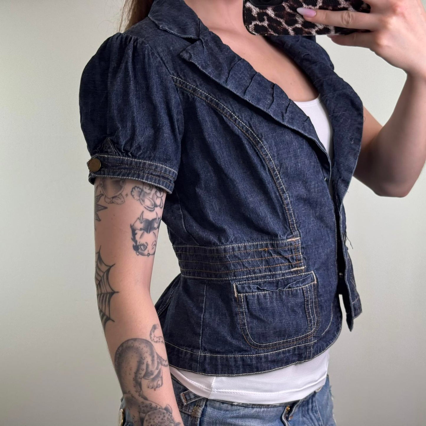 Y2K vintage denim short sleeve blazer jacket button up deep v neck